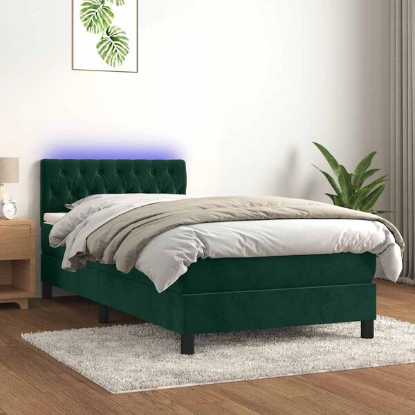 vidaXL Sommier &agrave; lattes de lit avec matelas et LED Vert fonc&eacute; 90x190cm
