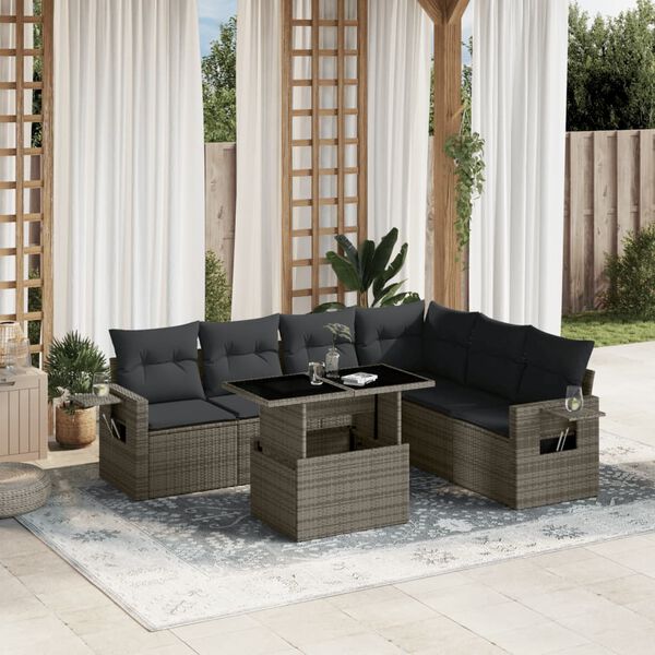vidaXL Salon de jardin avec coussins 7 pcs gris r&eacute;sine tress&eacute;e