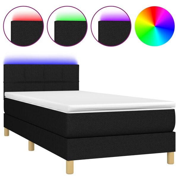 vidaXL Sommier &agrave; lattes de lit avec matelas et LED Noir 90x200cm Tissu