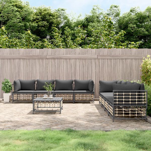 vidaXL Salon de jardin 9 pcs avec coussins anthracite r&eacute;sine tress&eacute;e