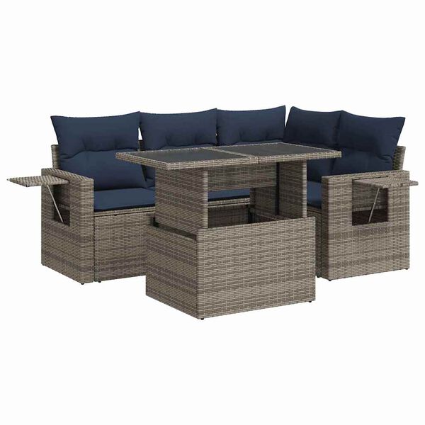 vidaXL Salon de jardin 5 pcs avec coussins gris r&eacute;sine tress&eacute;e acacia
