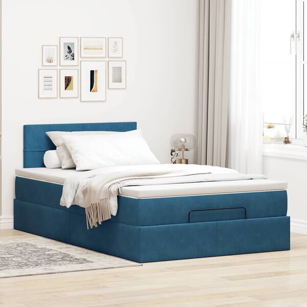 vidaXL Cadre de lit ottoman avec matelas bleu fonc&eacute; 120x200 cm velours