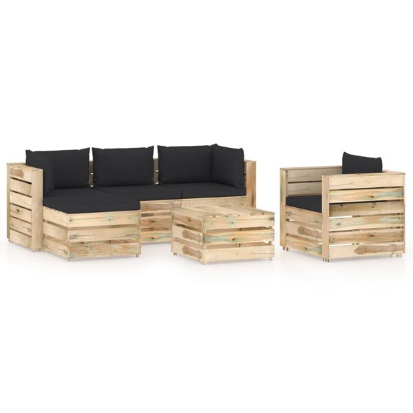 vidaXL Salon de jardin 6 pcs avec coussins Bois impr&eacute;gn&eacute; de vert