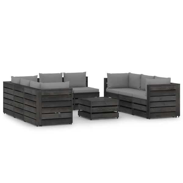 vidaXL Salon de jardin 9 pcs avec coussins Bois impr&eacute;gn&eacute; de gris