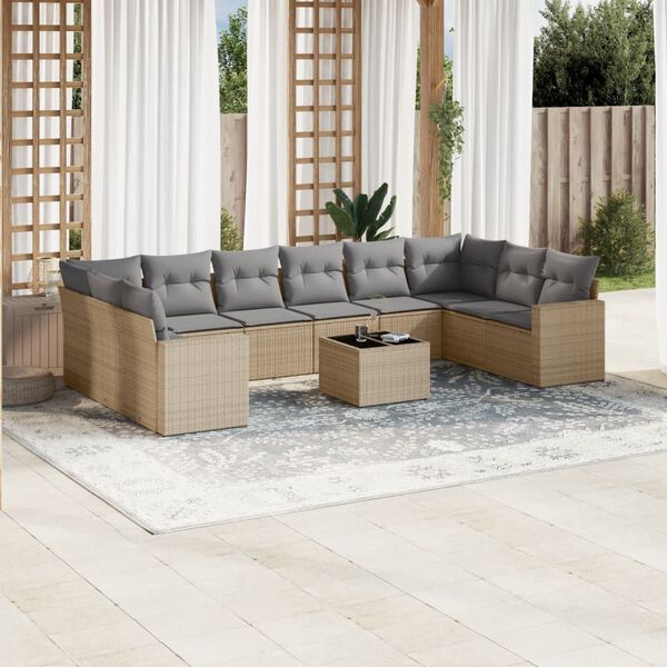 vidaXL Salon de jardin 11 pcs avec coussins beige r&eacute;sine tress&eacute;e
