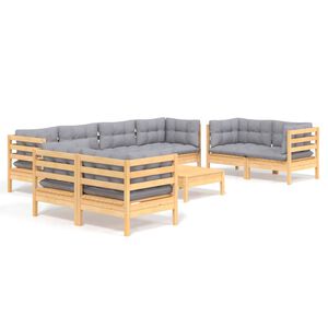 vidaXL Salon de jardin 9 pcs avec coussins gris bois de pin massif