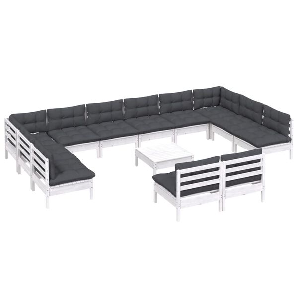 vidaXL Salon de jardin 13 pcs avec coussins blanc bois de pin solide