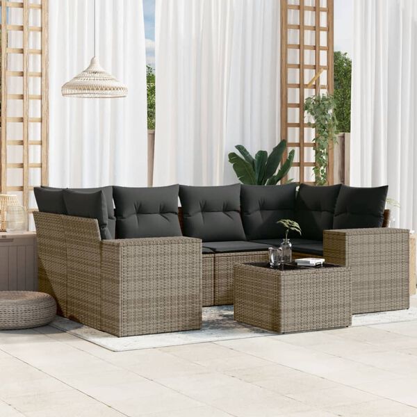 vidaXL Salon de jardin avec coussins 7 pcs gris r&eacute;sine tress&eacute;e