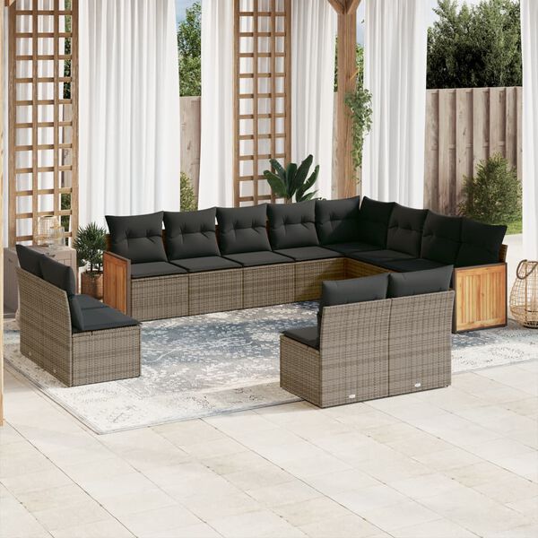 vidaXL Salon de jardin avec coussins 12 pcs gris r&eacute;sine tress&eacute;e