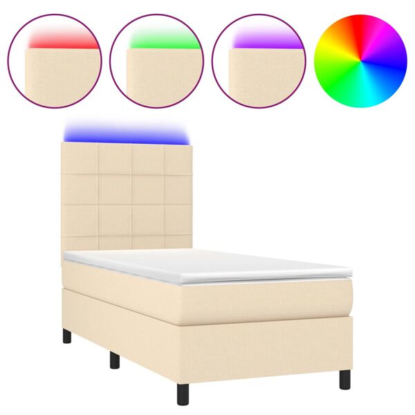 vidaXL Sommier &agrave; lattes de lit et matelas et LED Cr&egrave;me 90x190 cm Tissu