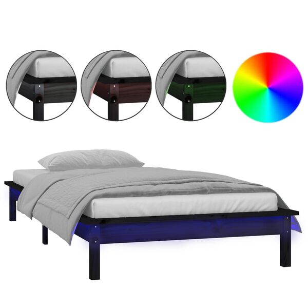 vidaXL Cadre de lit &agrave; LED sans matelas noir 75x190 cm bois massif