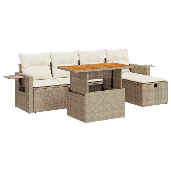 vidaXL Salon de jardin 6 pcs avec coussins beige r&eacute;sine tress&eacute;e acacia