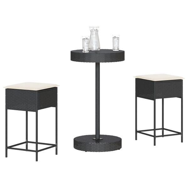 vidaXL Ensemble de bar de jardin 3 pcs avec coussins noir poly rotin