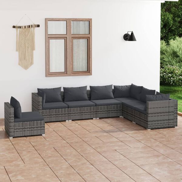 vidaXL Salon de jardin 7 pcs avec coussins R&eacute;sine tress&eacute;e Gris