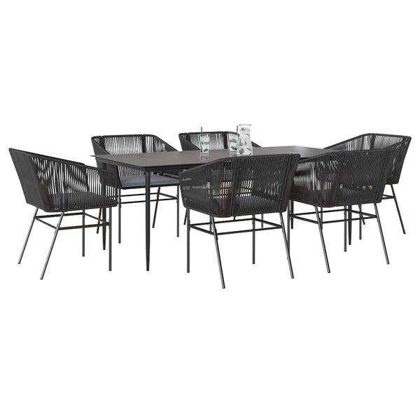 vidaXL Ensemble &agrave; manger de jardin coussins 7pcs noir poly rotin verre