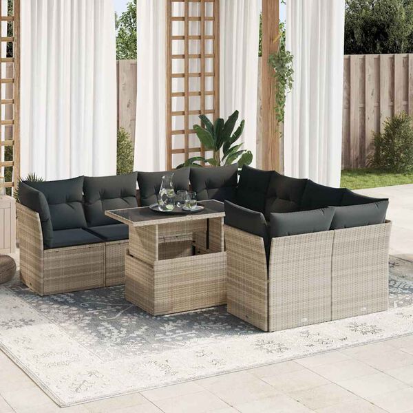 vidaXL Salon de jardin 9 pcs avec coussins gris clair r&eacute;sine tress&eacute;e