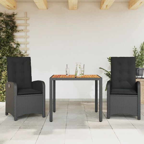 vidaXL Ensemble &agrave; manger de jardin avec coussins 3 pcs Noir
