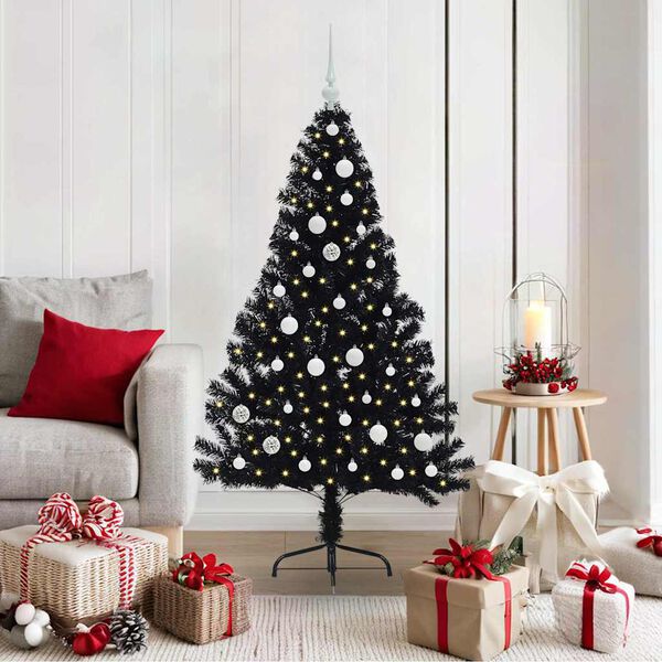 vidaXL Sapin de No&euml;l artificiel pr&eacute;-&eacute;clair&eacute; Noir 150 cm PVC