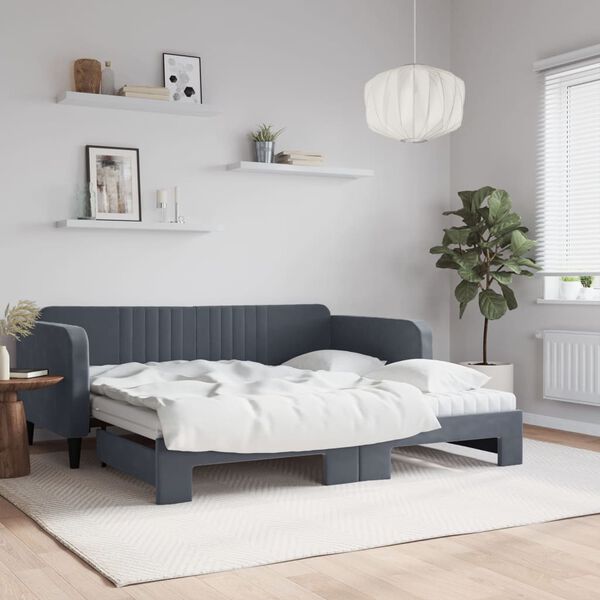 vidaXL Lit de jour avec gigogne et matelas gris fonc&eacute; 90x190cm velours
