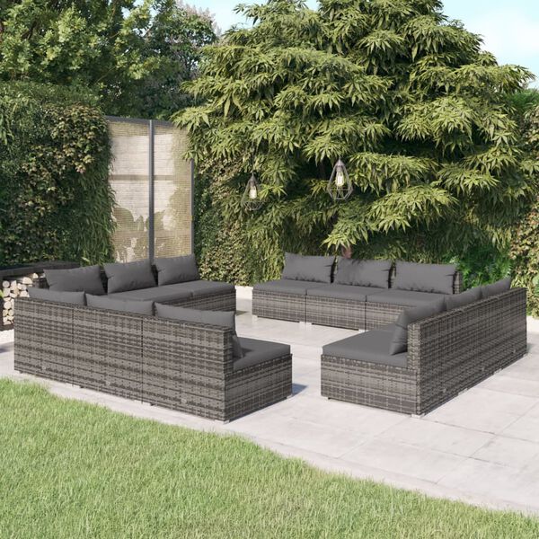 vidaXL Salon de jardin 12 pcs avec coussins R&eacute;sine tress&eacute;e Gris