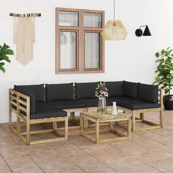 vidaXL Salon de jardin 7 pcs avec coussins bois de pin impr&eacute;gn&eacute;