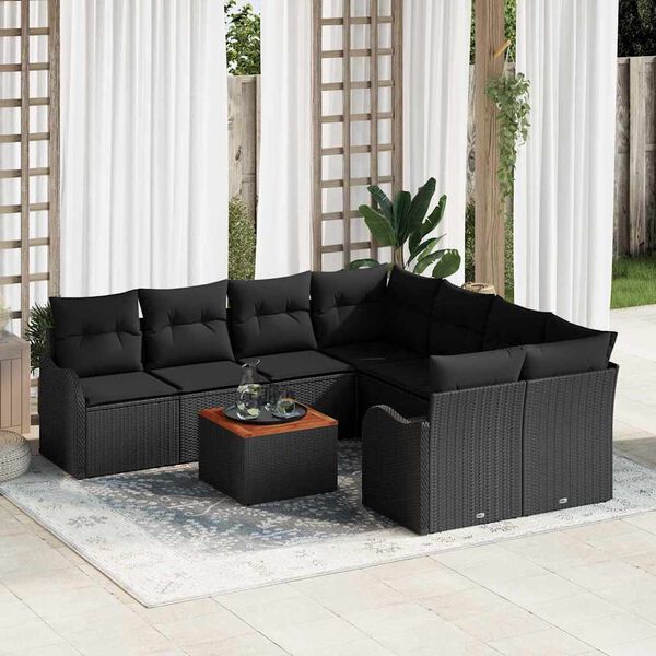 vidaXL Ensemble de canap&eacute; de jardin avec coussin 9 pcs Noir polyrotin