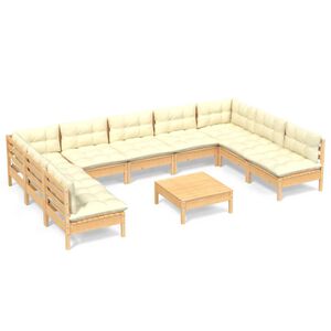 vidaXL Salon de jardin 10 pcs avec coussins cr&egrave;me bois de pin massif