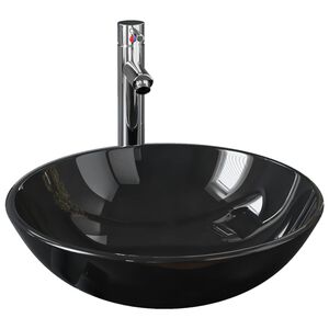 vidaXL Lavabo de bain avec robinet et drain &agrave; poussoir Verre tremp&eacute;