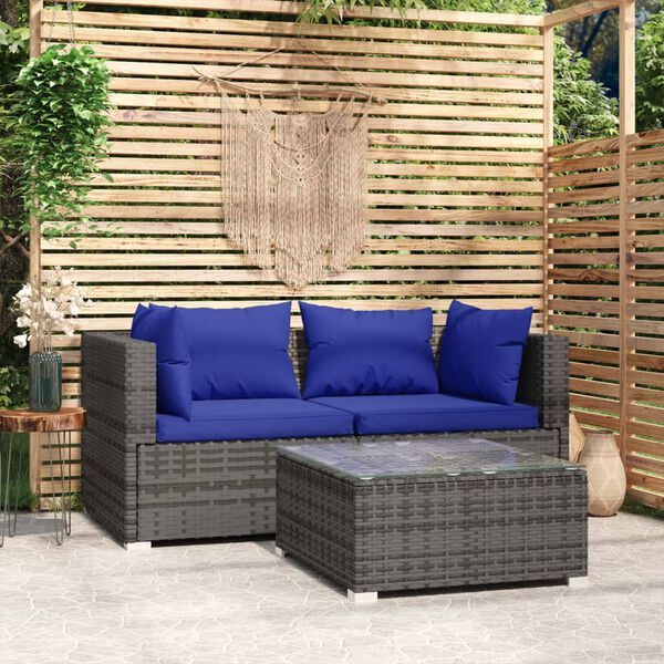 vidaXL Salon de jardin 3 pcs avec coussins Gris R&eacute;sine tress&eacute;e