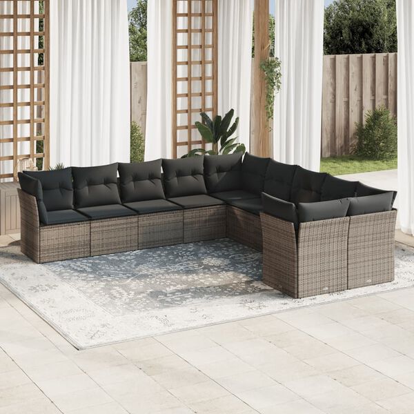 vidaXL Salon de jardin avec coussins 10 pcs gris r&eacute;sine tress&eacute;e