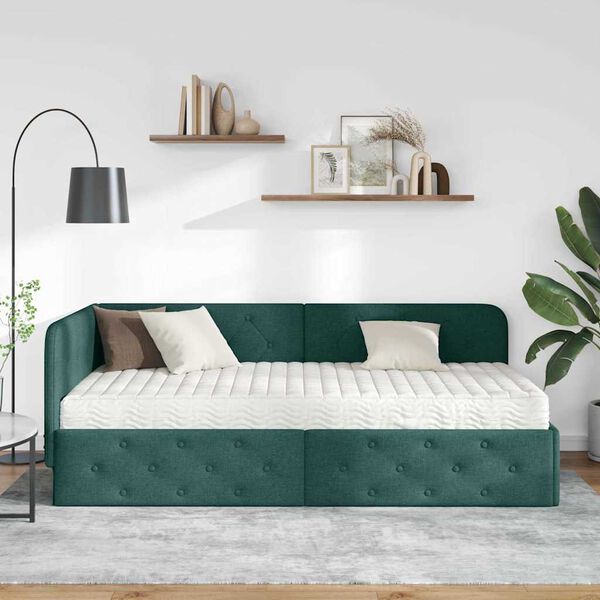 vidaXL Cadre de lit d'angle avec matelas Vert fonc&eacute; 90 x 200 cm tissu