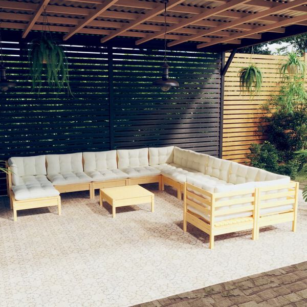 vidaXL Salon de jardin 12 pcs avec coussins cr&egrave;me Bois de pin