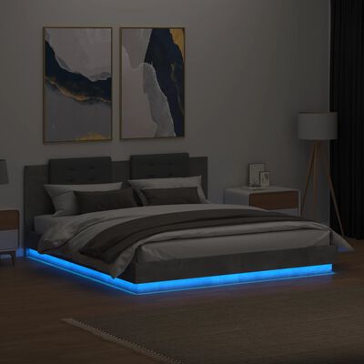 vidaXL Cadre de lit tête de lit et lumières LED gris béton 160x200 cm