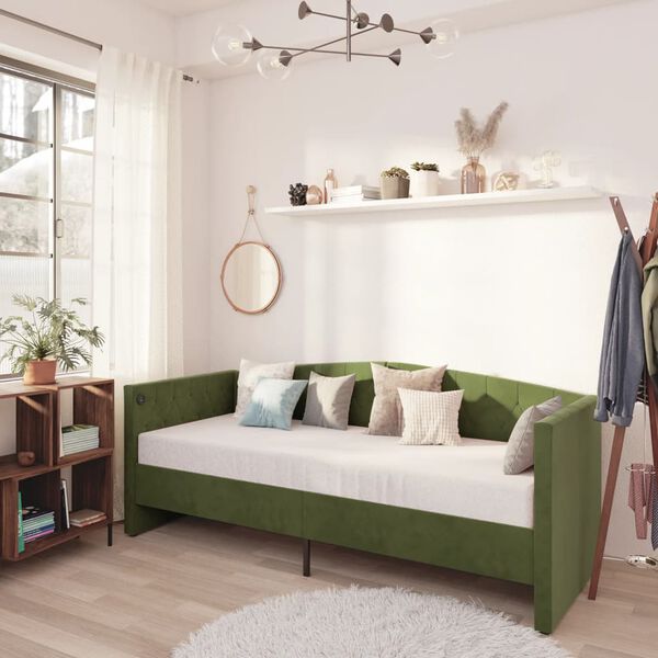 vidaXL Lit avec matelas et USB Vert fonc&eacute; Velours 90x200 cm