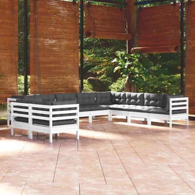 vidaXL Salon de jardin 10 pcs avec coussins blanc bois de pin massif