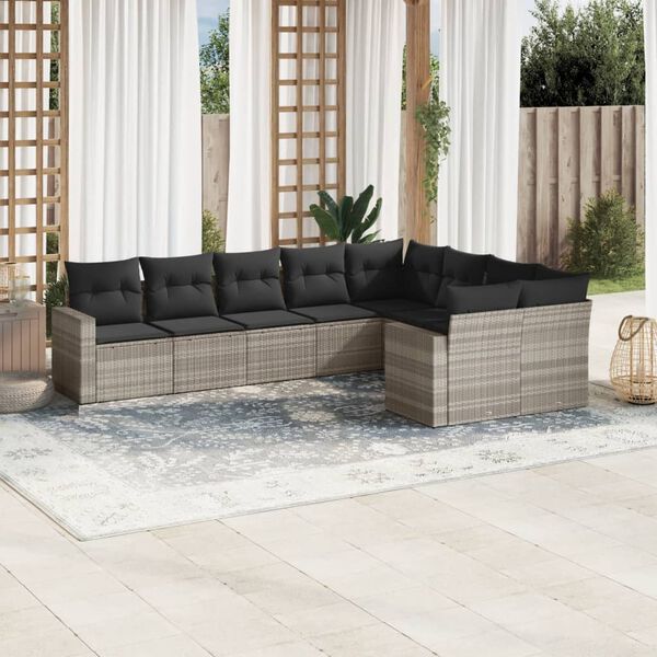 vidaXL Salon de jardin 9 pcs avec coussins gris clair r&eacute;sine tress&eacute;e