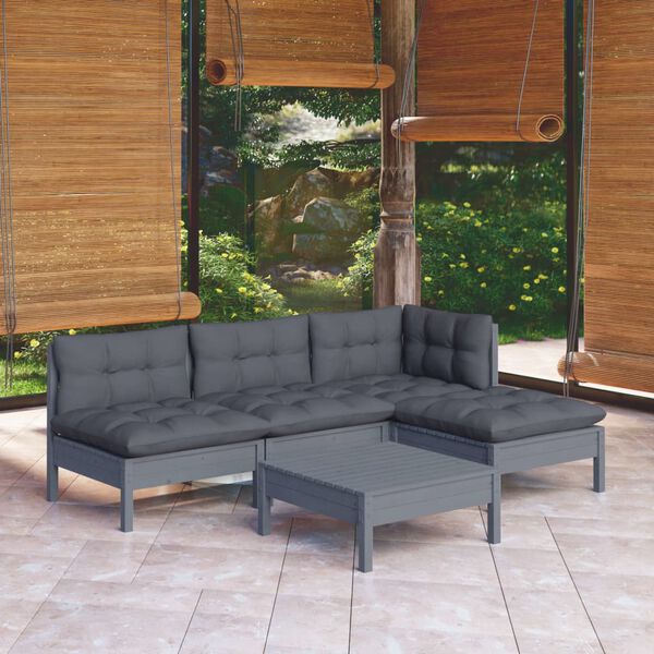 vidaXL Salon de jardin 5 pcs avec coussins Gris Bois de pin