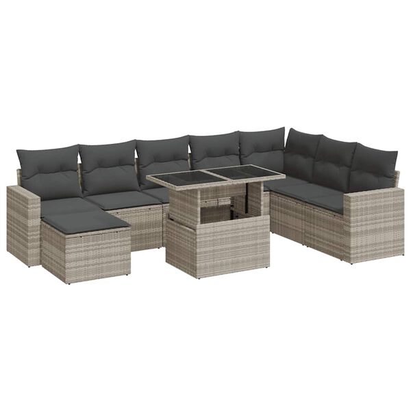 vidaXL Salon de jardin 9 pcs avec coussins gris clair r&eacute;sine tress&eacute;e