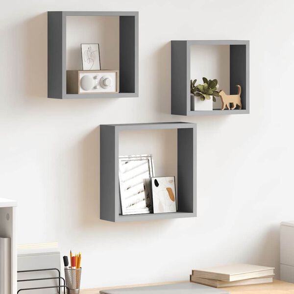 vidaXL &Eacute;tag&egrave;res murales sous forme de cube 3 pcs Gris MDF