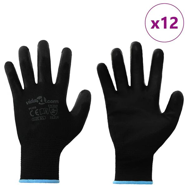 vidaXL Gants de Travail 12 pcs Noir 9 / l Polyester