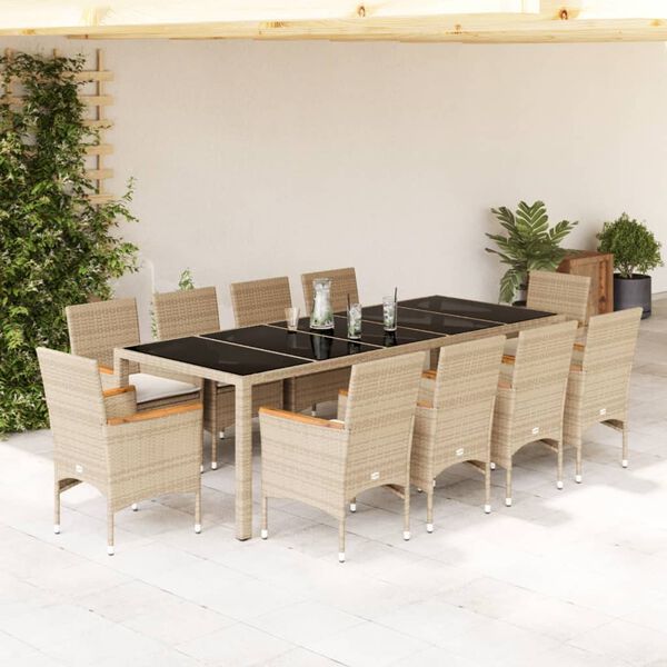 vidaXL Ensemble &agrave; manger de jardin et coussins 11pcs beige rotin verre