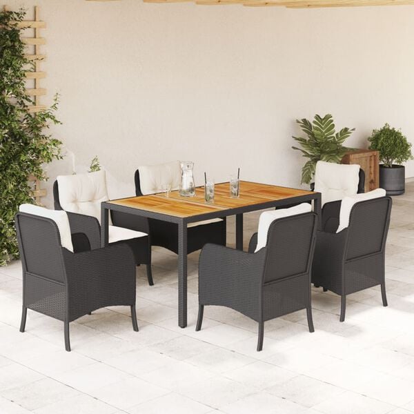 vidaXL Ensemble &agrave; manger de jardin coussins 7pcs Noir R&eacute;sine tress&eacute;e