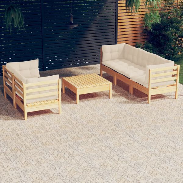 vidaXL Salon de jardin 6 pcs avec coussins cr&egrave;me bois de pin
