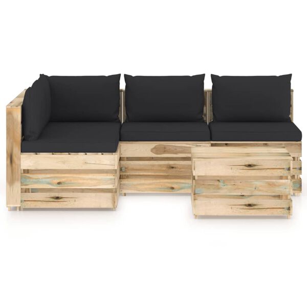 vidaXL Salon de jardin 5 pcs avec coussins Bois impr&eacute;gn&eacute; de vert