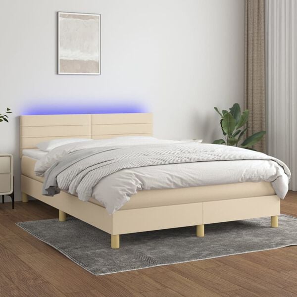 vidaXL Sommier &agrave; lattes de lit avec matelas LED Cr&egrave;me 140x190 cm Tissu