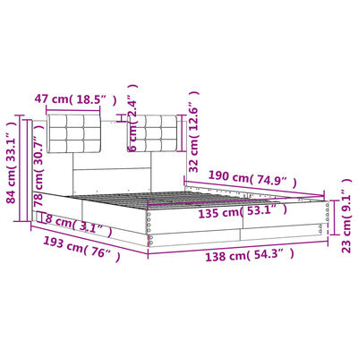 vidaXL Cadre de lit avec tête de lit sonoma gris 135x190 cm