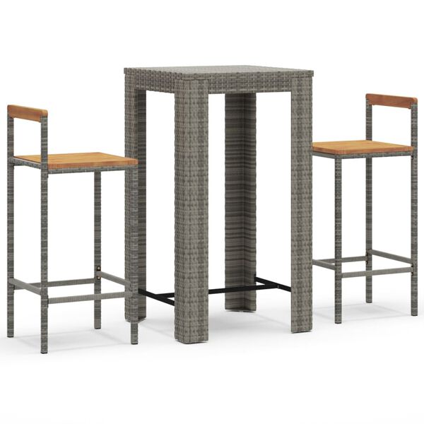 vidaXL Ensemble de bar jardin 3 pcs gris poly rotin/bois massif acacia
