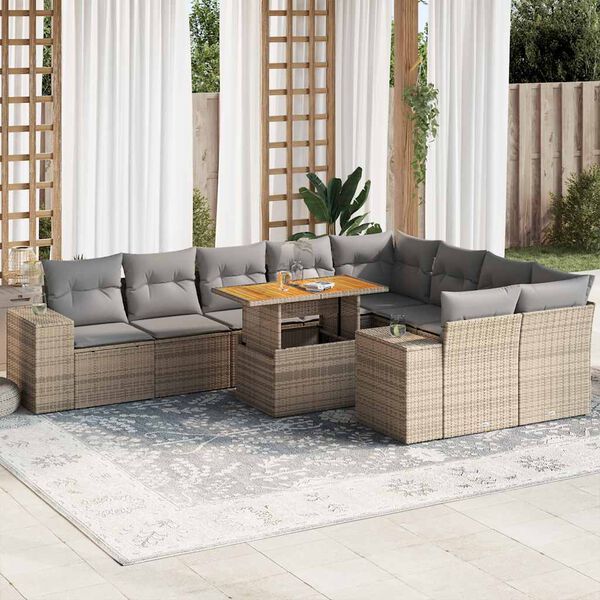 vidaXL Salon de jardin avec coussins 10pcs beige résine tressée acacia