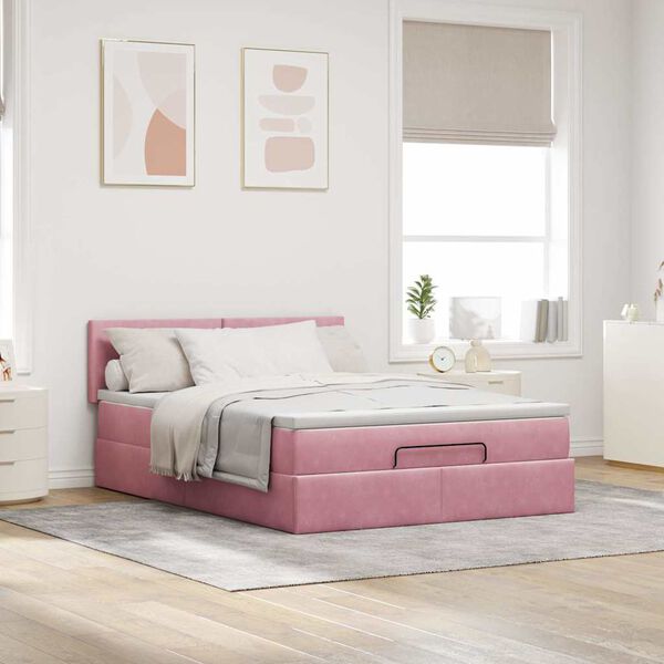 vidaXL Cadre de lit ottoman avec matelas rose 140x190 cm velours
