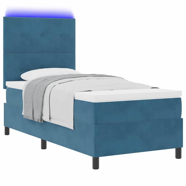 vidaXL Lit &agrave; ressort LED avec matelas Bleu fonc&eacute; 90 x 190 cm Velours